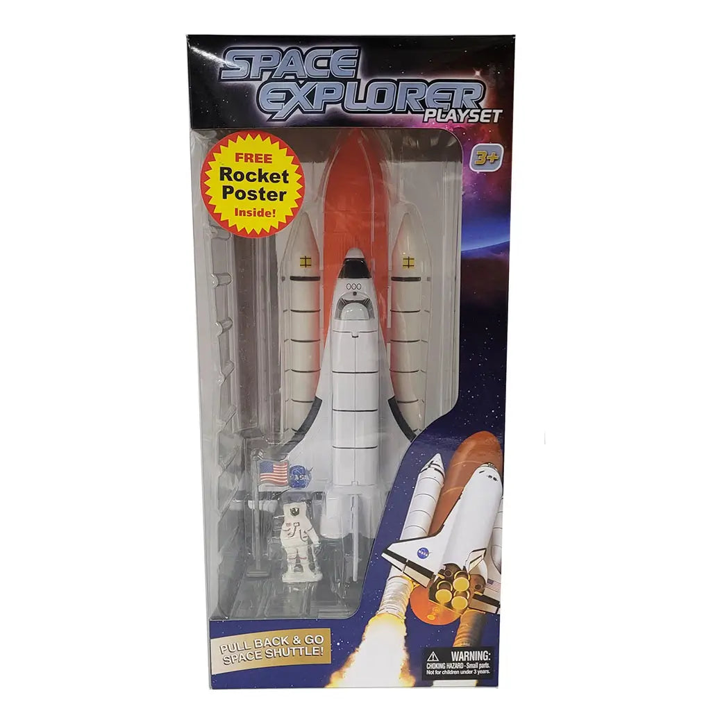 InAir space shuttle playset packaging presents the white and orange shuttle and astronaut figure inside a tall clear-front box decorated with galaxy graphics and product labels designed for young space fans. Designed to emphasize molded details and child-friendly imaginative play.