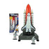 InAir space shuttle launch center playset includes a white and orange shuttle with twin boosters, grey launch pad, and astronaut figures arranged upright for imaginative space-themed play in a clean studio setting. Designed to emphasize molded details and child-friendly imaginative play.
