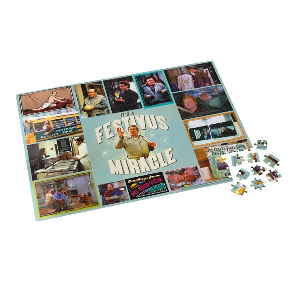 Seinfeld Festivus jigsaw puzzle with teal and multicolor printed cardboard surface, flat rectangular layout, featuring sitcom scene collage and central character graphic, partially assembled with loose pieces on a clean white background.