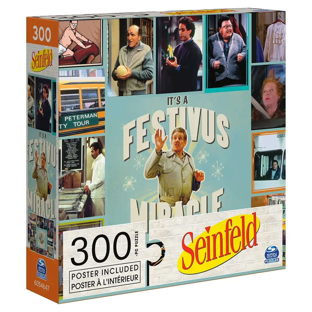 Seinfeld Festivus 300 piece puzzle glossy cardboard box featuring teal background with character collage and ‘It’s a Festivus Miracle’ text, rectangular packaging displayed on clean white background.