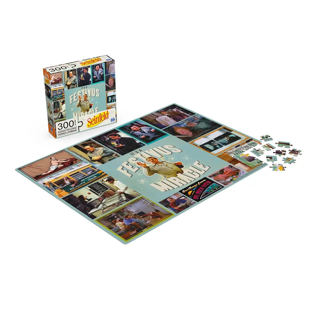 Seinfeld Festivus jigsaw puzzle glossy cardboard surface with teal center design and character collage border, partially assembled rectangular puzzle with loose pieces beside branded box on white background.