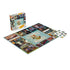 Seinfeld Festivus jigsaw puzzle glossy cardboard surface with teal center design and character collage border, partially assembled rectangular puzzle with loose pieces beside branded box on white background.