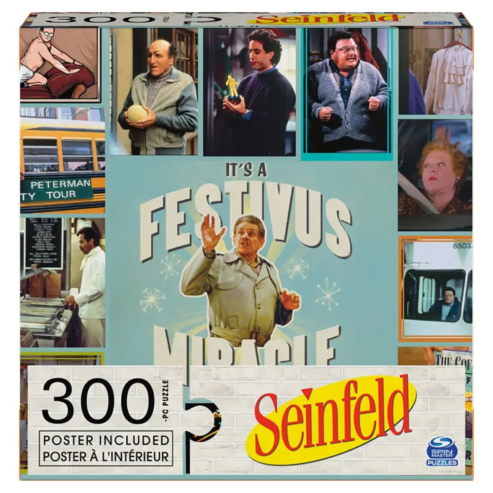 Seinfeld Festivus 300 piece puzzle box with multicolor printed cardboard surface, rectangular shape, featuring collage of sitcom scenes and iconic characters, designed as collectible jigsaw puzzle packaging on a white background.