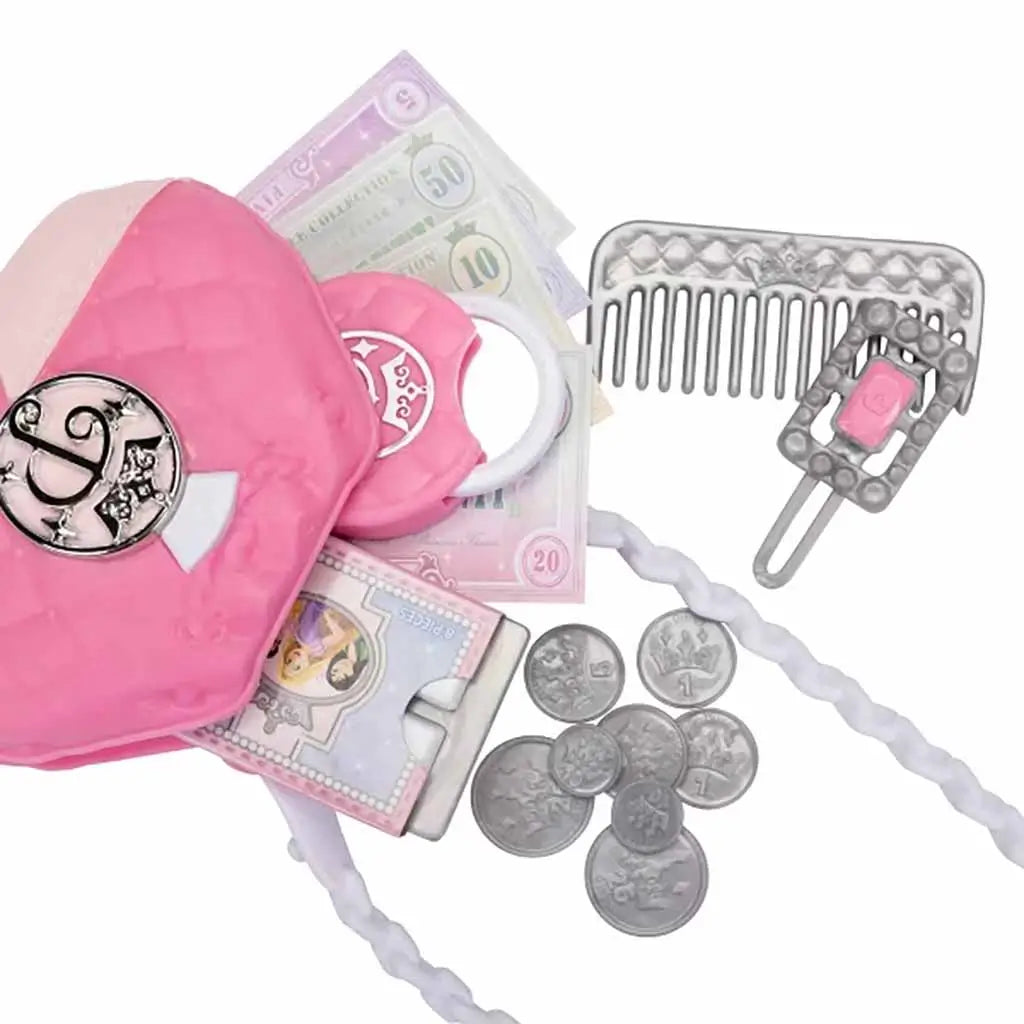 Disney Princess Style Chic Petites pink quilted purse set with toy comb, coins, and play money displayed on white background, encouraging creative dress-up play.