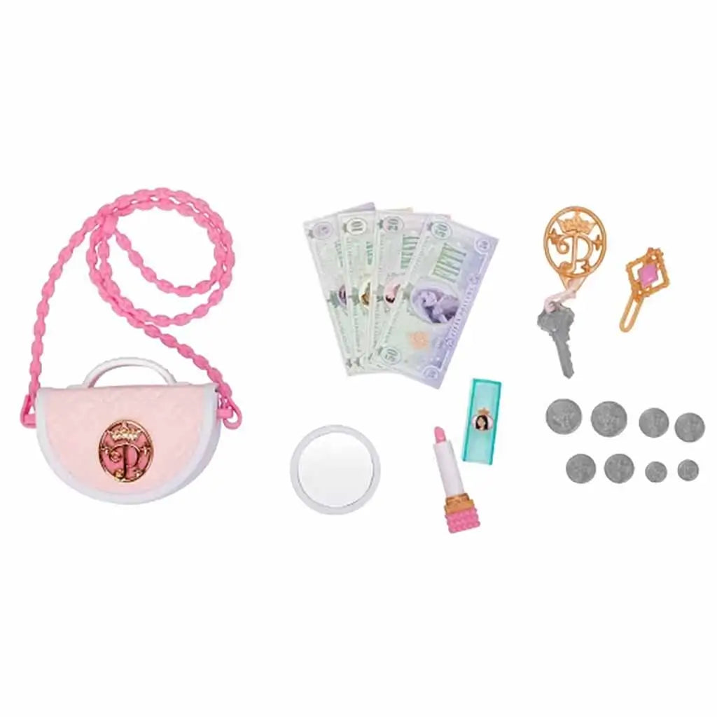 Disney Princess Style Chic Petites mini purse playset with pink strap, toy money, mirror, lipstick, keys, and coins, designed for imaginative fashion roleplay for kids.
