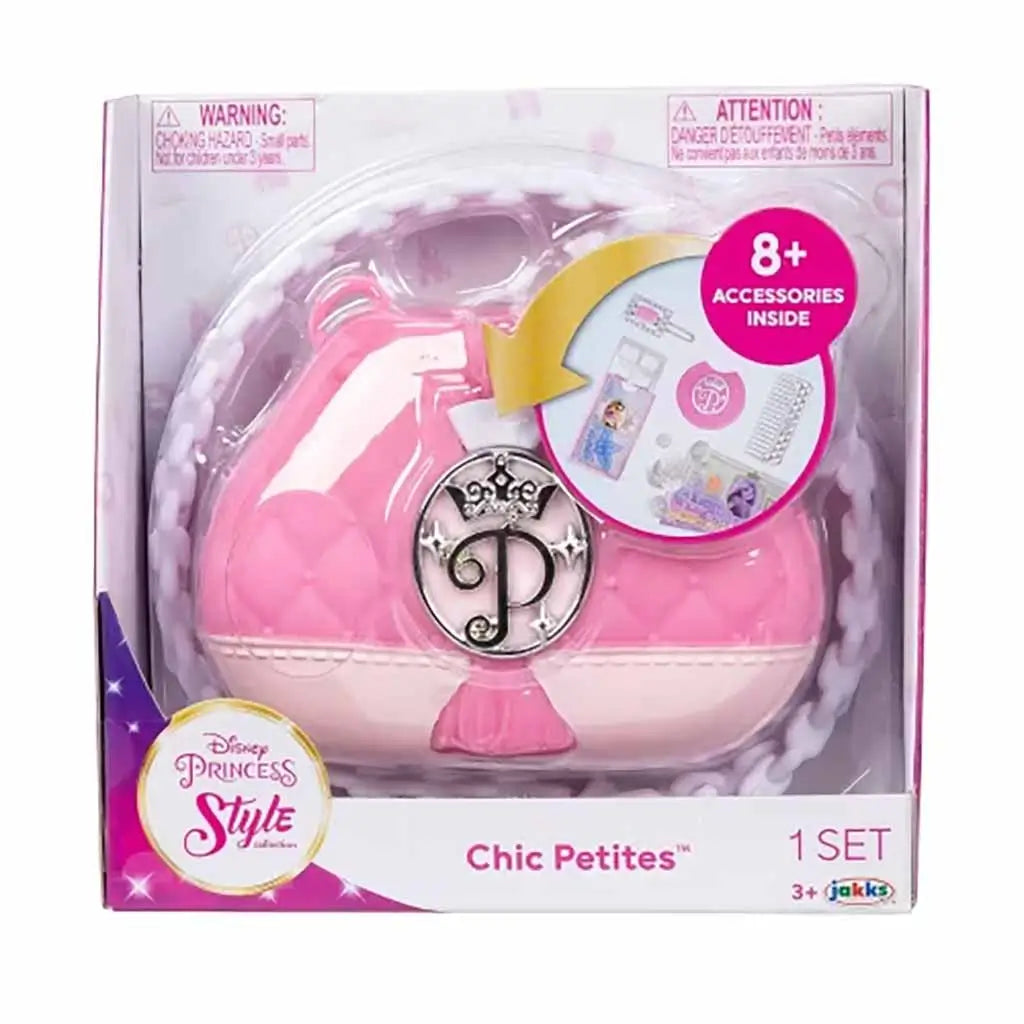 Disney Princess Style Chic Petites rounded purse in pink packaging, labeled 8+ accessories inside, designed for pretend fashion play by Jakks Pacific.