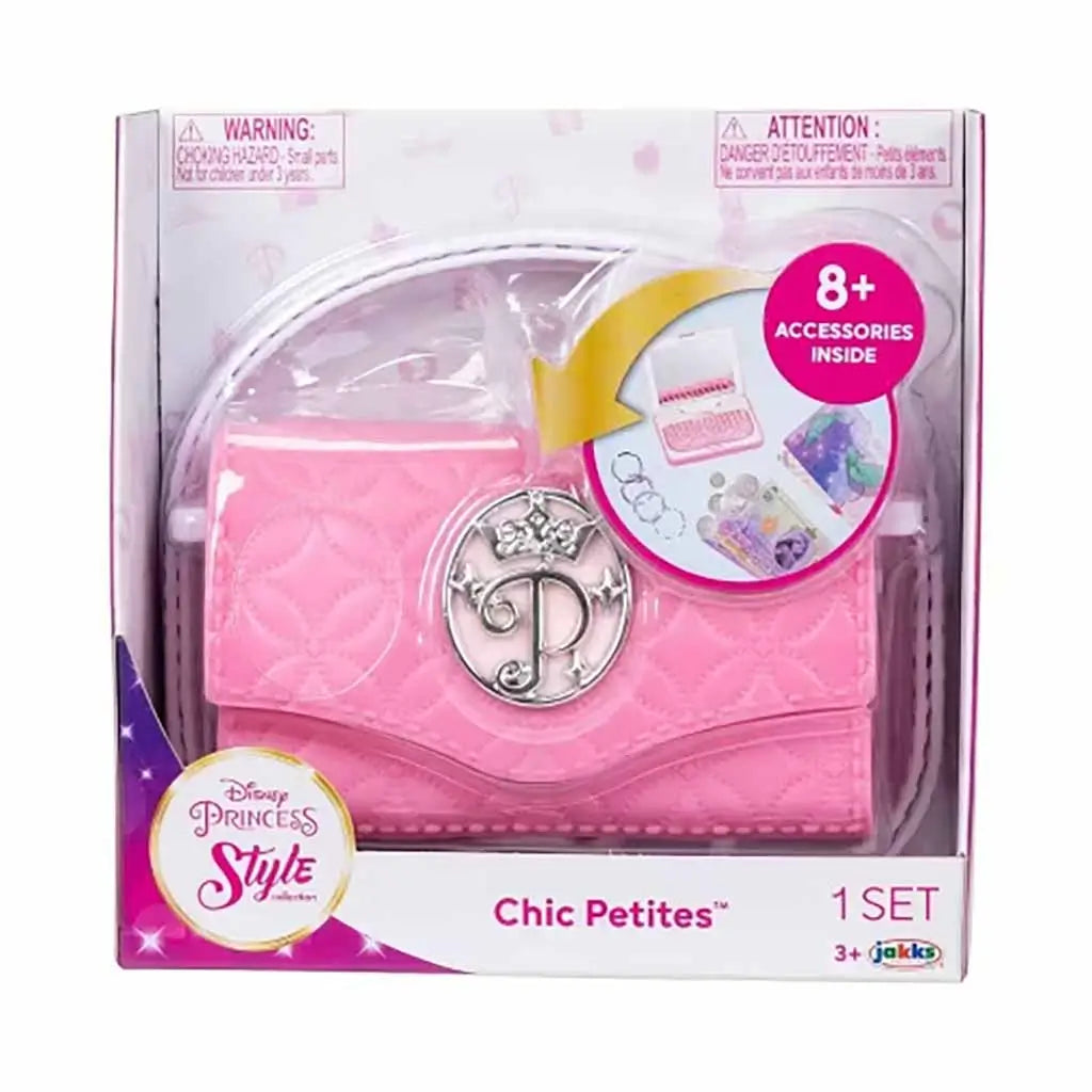 Disney Princess Style Chic Petites pink purse with silver emblem in packaging, including pretend accessories for dress-up and creative play, suitable for ages 3 and up.