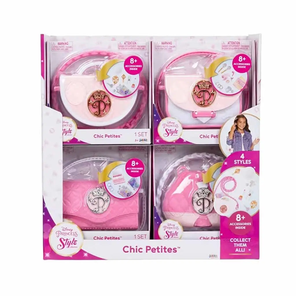 Display of four Disney Princess Style Chic Petites purse sets in packaging, showing various pink styles with accessories, labeled 'Collect Them All'.