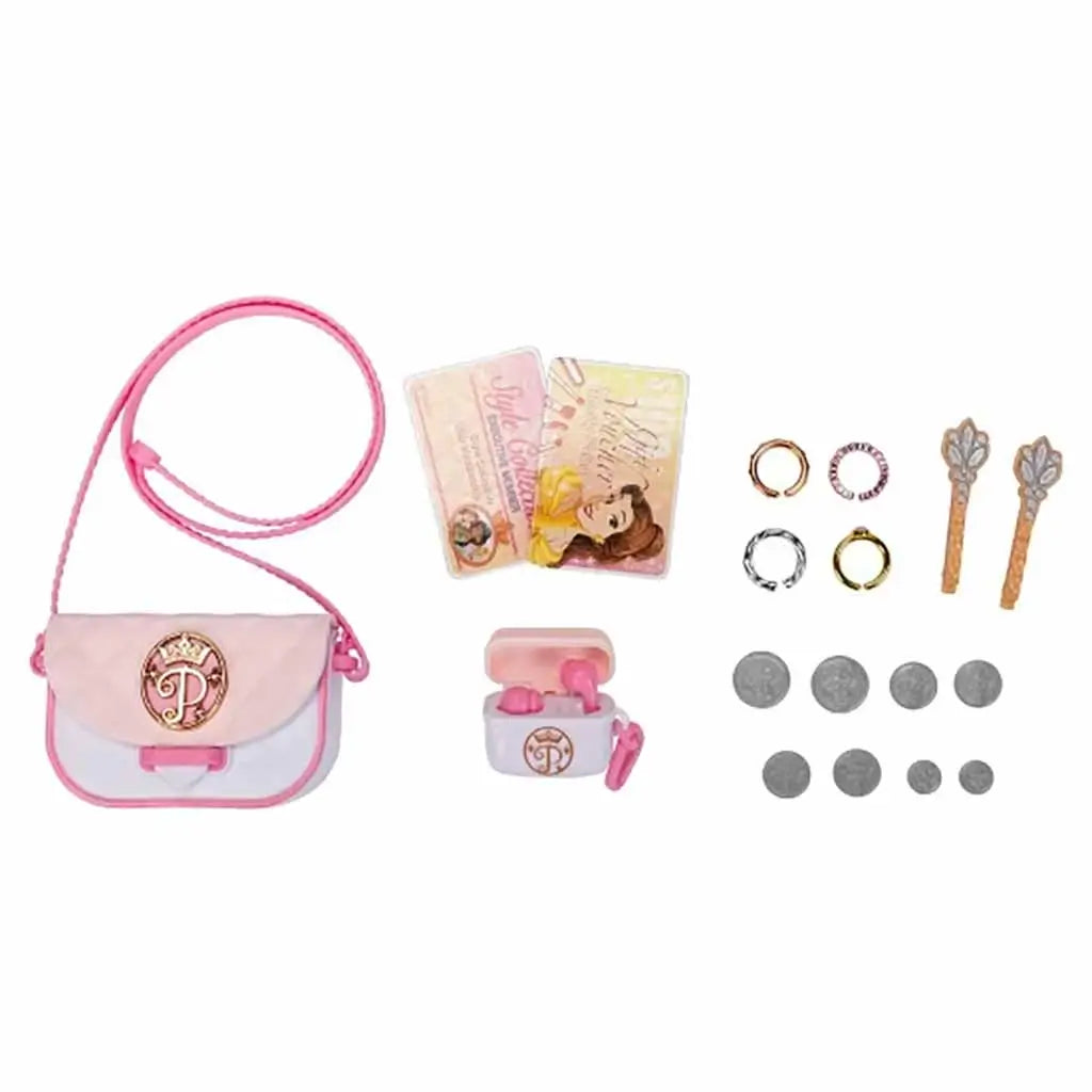 Disney Princess Style Chic Petites playset with small purse, toy bills, lipstick, coins, and keys laid out neatly for display, intended for imaginative play.