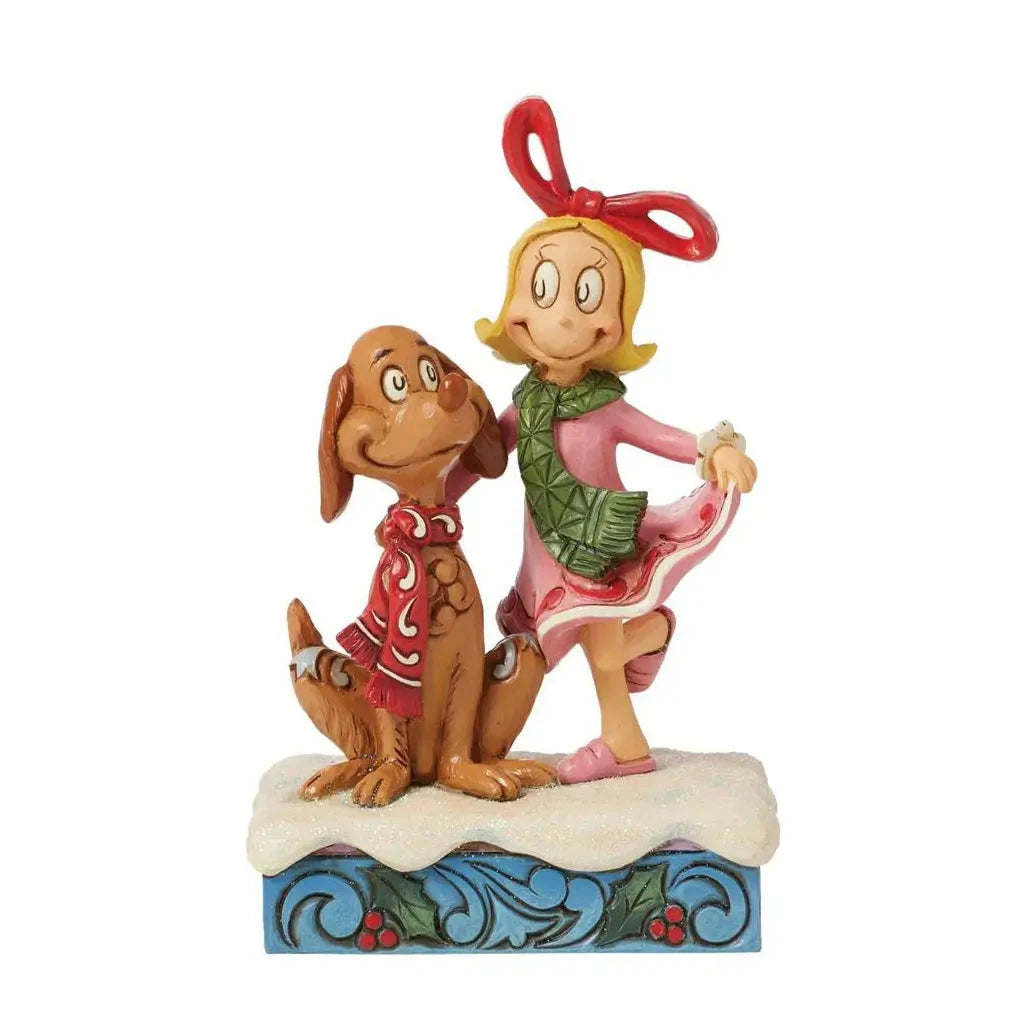 Front view of Jim Shore figurine showing Cindy Lou Who smiling and Max sitting in a red scarf, on a glittered snow base with blue scrollwork.