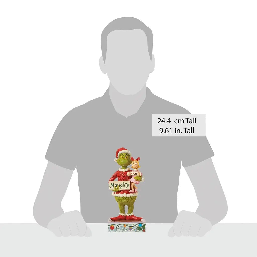 Size comparison image showing Jim Shore Grinch and Cindy Lou Who figurine measuring 9.61 inches tall, held in front of human silhouette for scale.