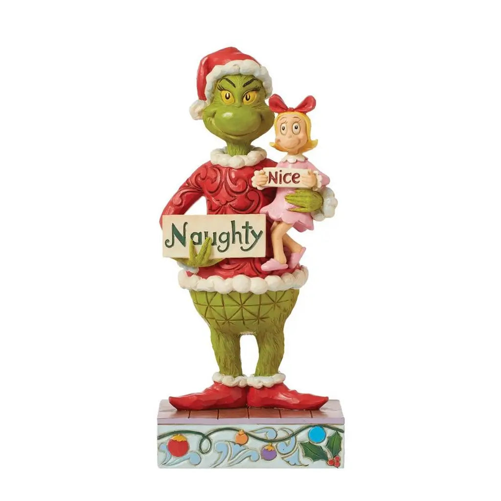 Front view of Jim Shore Grinch figurine holding Cindy Lou Who, labeled “Naughty” and “Nice,” in colorful Christmas-themed attire on a patterned holiday base.