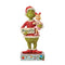 Front view of Jim Shore Grinch figurine holding Cindy Lou Who, labeled “Naughty” and “Nice,” in colorful Christmas-themed attire on a patterned holiday base.