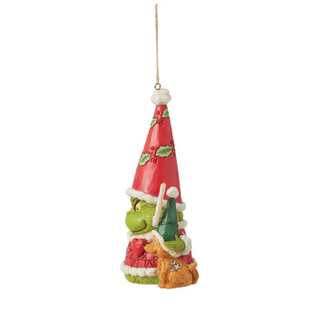 Alternate side view of Jim Shore Grinch gnome ornament showing Max the dog in a green elf hat with antler, next to the Grinch in a red Santa outfit.