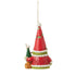 Rear view of Jim Shore Grinch gnome ornament featuring a tall red Santa hat with holly accents, standing beside Max the dog wearing a green holiday hat.