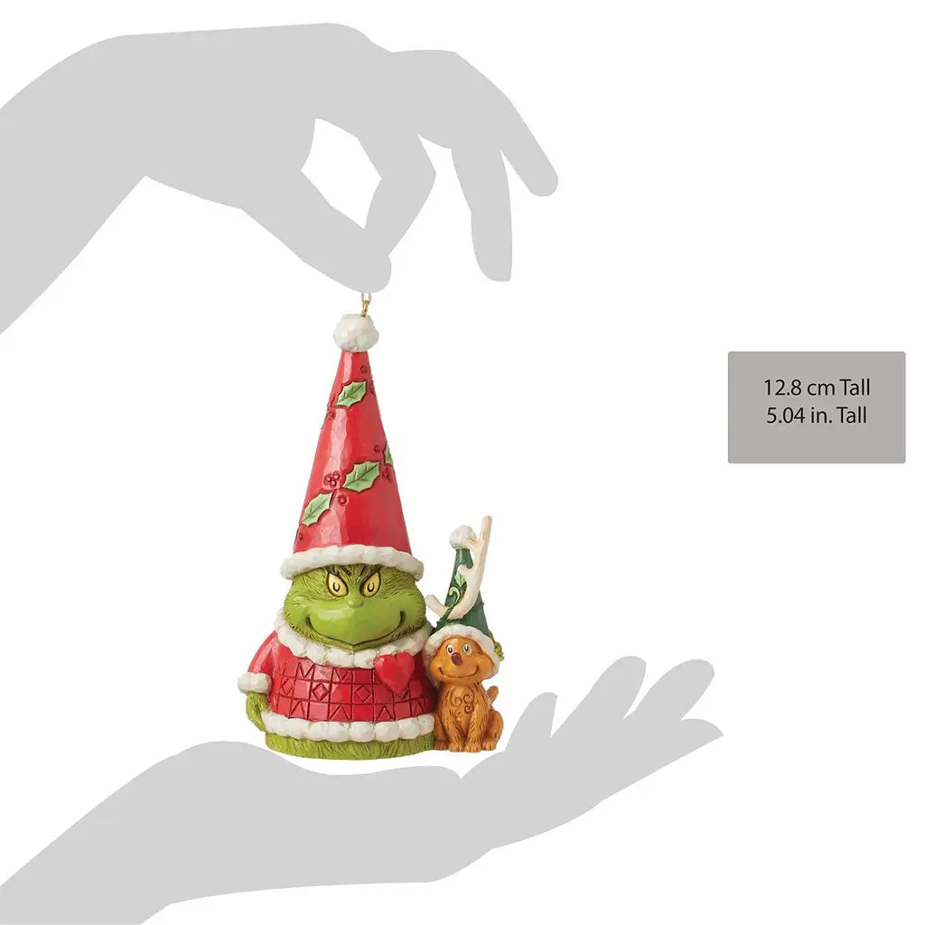 Size comparison image showing 5-inch Jim Shore Grinch gnome ornament with Max the dog, displayed in a hand silhouette for visual scale reference.