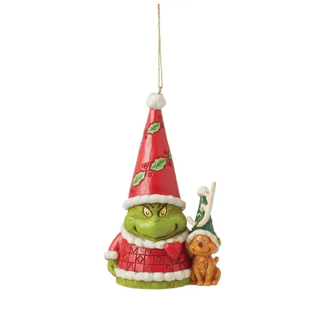 Front view of Jim Shore Grinch gnome ornament, 5 inches tall, with red holiday outfit, tall Santa hat, and Max the dog in green hat holding an antler.