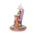 Alternate side view of Jim Shore Grinch LED figurine showing Max from the back, seated beside Grinch in a detailed purple chair under a glowing lamp.