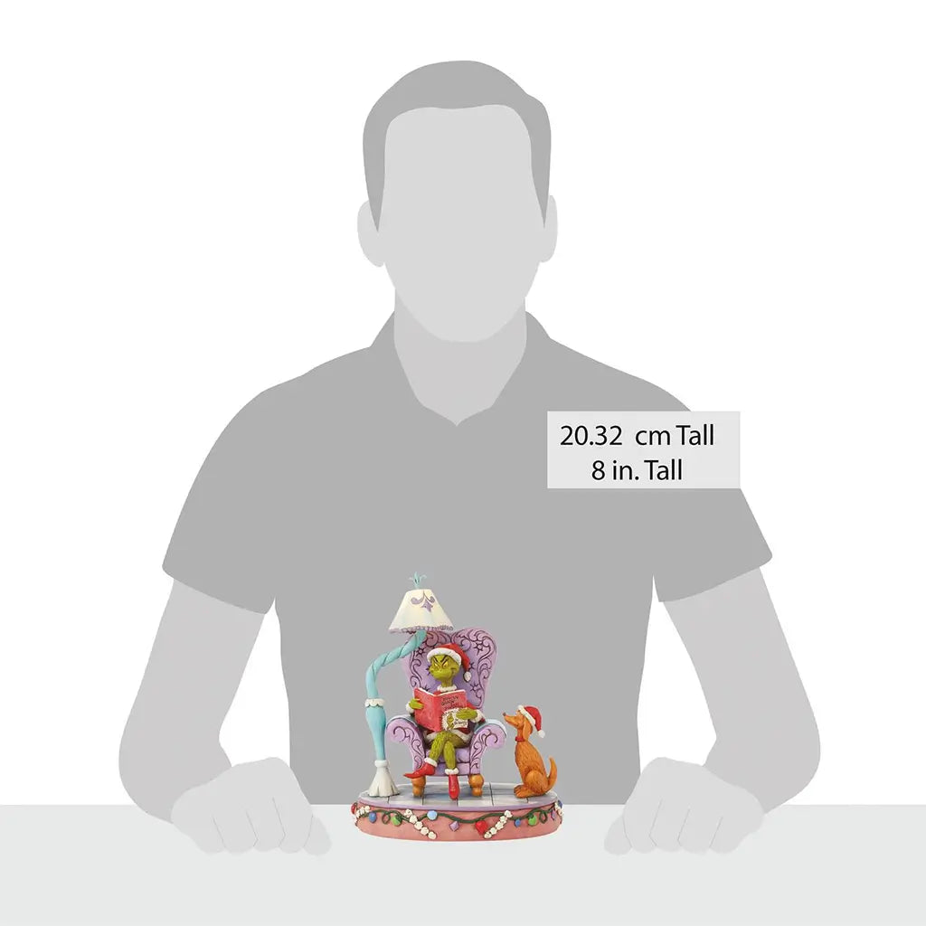 Size comparison image of 8-inch Jim Shore Grinch LED figurine, showing the Grinch reading beside Max, placed in front of a silhouette for scale reference.