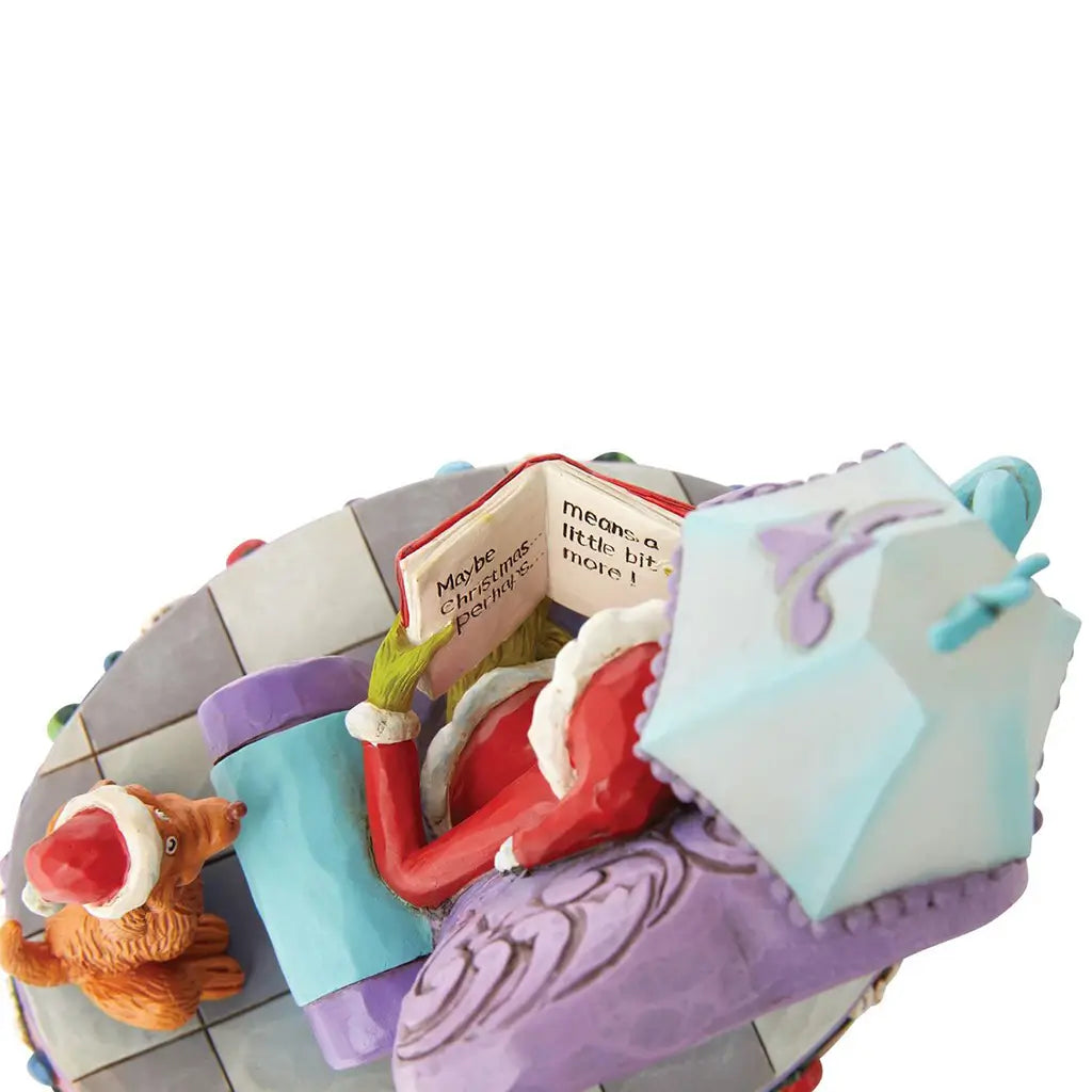 Top-down view of Jim Shore Grinch LED figurine showing Grinch reading "How the Grinch Stole Christmas" with Max nearby, surrounded by holiday lights and detailed décor.