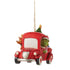 Front angle of Jim Shore ornament showing the Grinch driving a red vintage truck with Max and a backseat full of wrapped gifts and a tree.