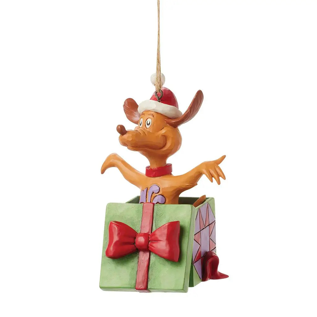 Alternate front angle of Max ornament by Jim Shore showing detailed carving and painted accents on the box and Max’s expression in Santa attire.