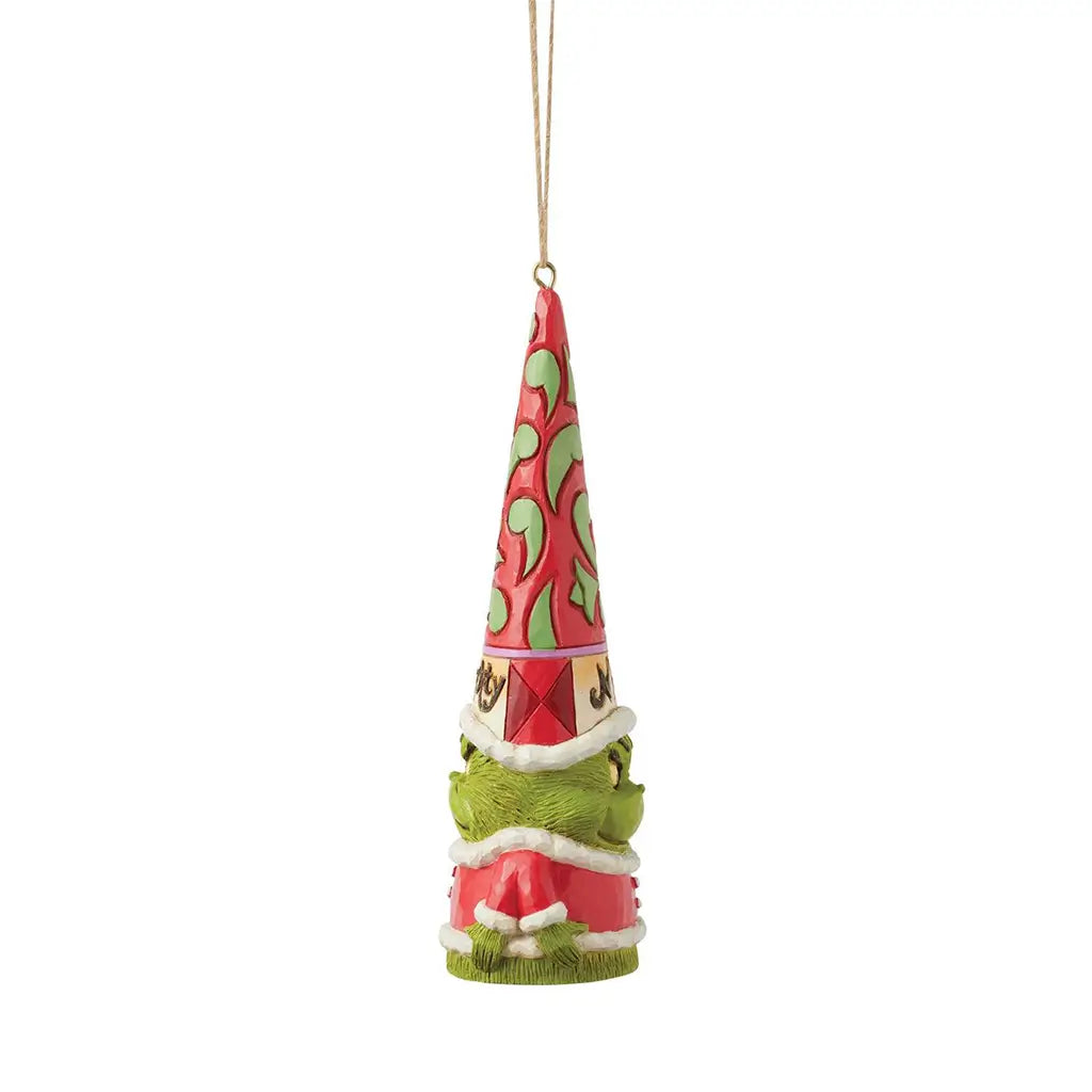 Alternate side view of Jim Shore Grinch gnome ornament featuring tall red hat with green swirls, Santa suit, and double-sided 