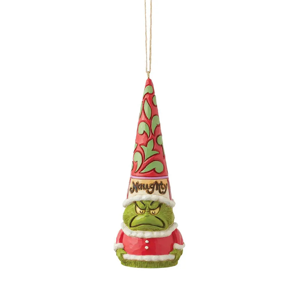 Front view of Jim Shore Grinch gnome ornament with frowning face under a tall red hat labeled “Naughty,” wearing a classic Santa outfit.