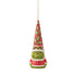 Front view of Jim Shore Grinch gnome ornament with frowning face under a tall red hat labeled “Naughty,” wearing a classic Santa outfit.
