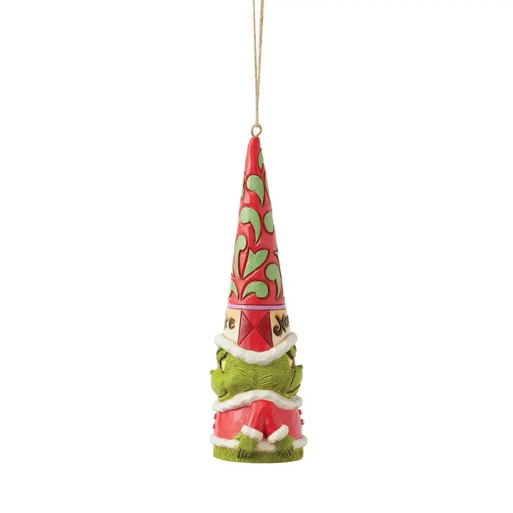 Side view of Grinch gnome ornament by Jim Shore showing festive red and green hat, Santa coat, and whimsical styling ideal for Christmas tree decoration.