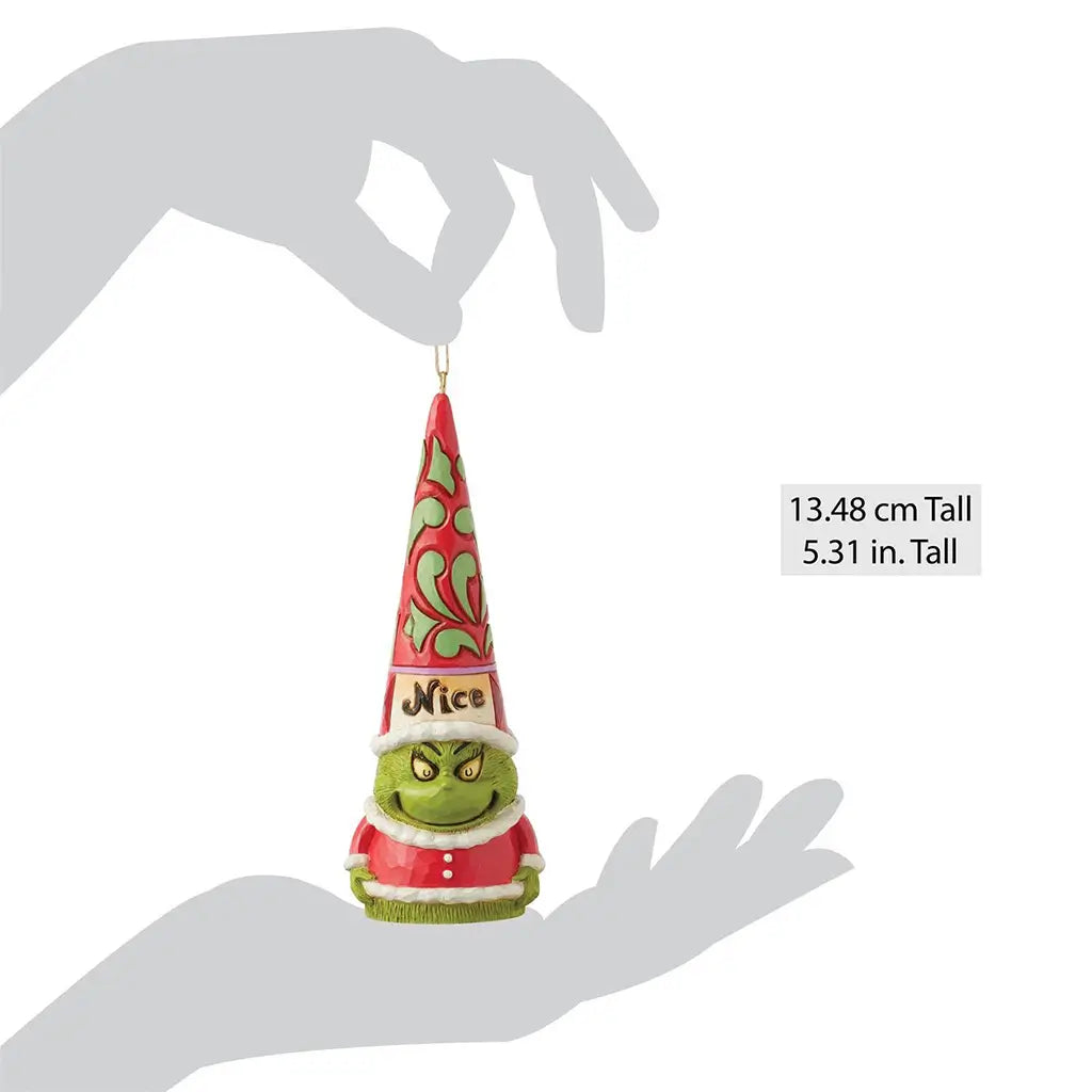 Size comparison image showing 5.31-inch Jim Shore Grinch gnome ornament with “Nice” hat lettering, displayed in hand silhouette for scale reference.