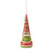 Front view of Jim Shore Grinch gnome ornament with smiling face and “Nice” label on red and green hat, dressed in red Santa outfit with white trim.