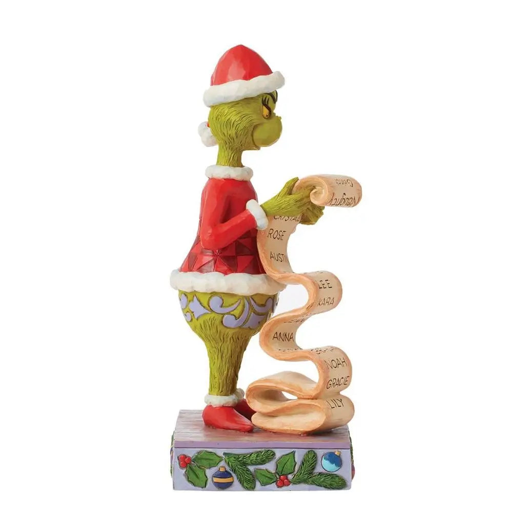 Side view of Jim Shore's Grinch figurine dressed in red Santa outfit, holding a long scroll with children’s names, standing on a festive ornament-decorated base.