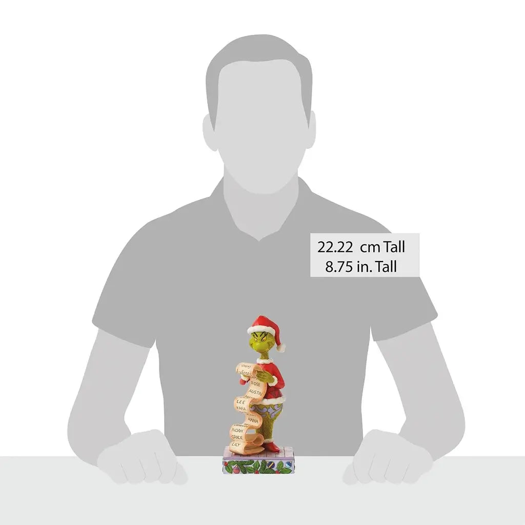 Size comparison of Jim Shore Grinch figurine holding a long list of names, measuring 8.75 inches tall, shown in front of a silhouette for scale reference.
