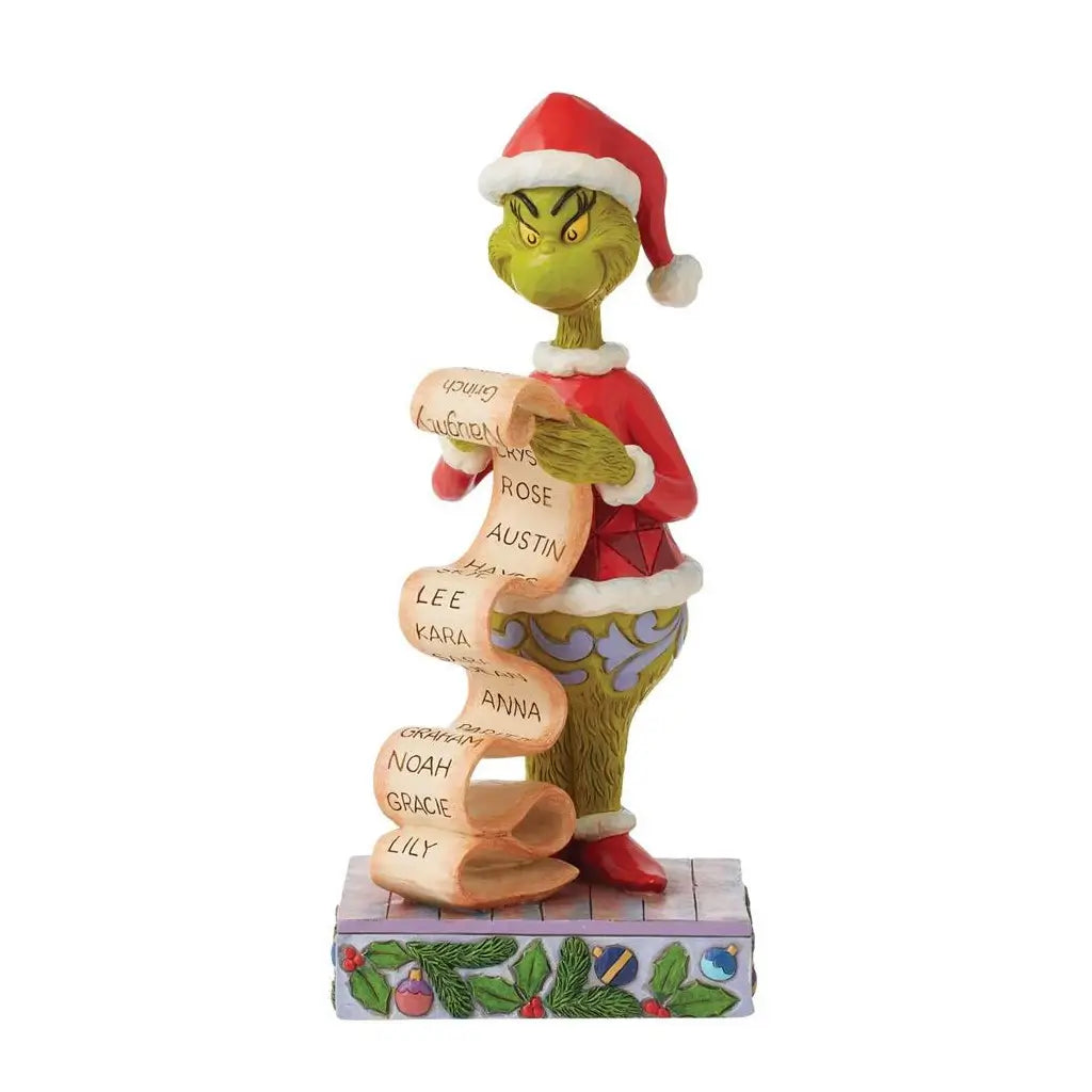 Front view of Jim Shore's Grinch figurine in Santa costume holding a long “naughty or nice” scroll with names, standing on a colorful Christmas-themed base.