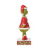 Side view of Grinch figurine in red Santa outfit with white trim, standing on a decorative base; hand-painted collectible from the Jim Shore Christmas series.
