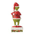 Rear view of a 6-inch Jim Shore Grinch figurine dressed in a red Santa coat and hat, standing on a festive base with green and red scroll details.