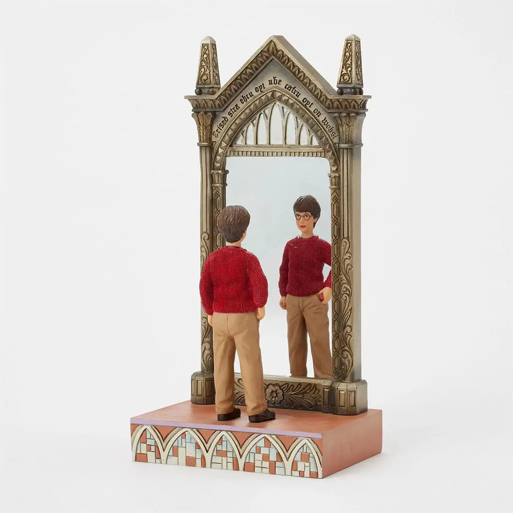 Jim Shore collectible figurine features Harry Potter in red knit sweater and glasses, standing before the tall golden Mirror of Erised with detailed carvings.