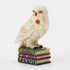 Angled Jim Shore Hedwig figurine shows snowy owl with golden eyes and feather detail, carrying Hogwarts letter while perched atop three colorful books.