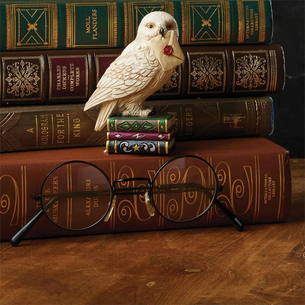 Lifestyle photo of Jim Shore Hedwig figurine placed among vintage books with round glasses, snowy owl holds Hogwarts letter on colorful decorative book base.