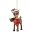 Front view of Jim Shore 2025 Rudolph ornament, showing smiling reindeer in Santa hat with holly, holding bright red ornament marked 2025.