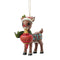 Three-quarter view of Jim Shore 2025 Rudolph ornament, featuring folk art carvings, festive red ornament, and detailed hand-painted patterns.