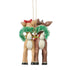 Back view of Jim Shore Rudolph and Clarice heart wreath ornament, featuring folk art carving details, green tinsel heart, and hanging gold cord.