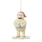 Front view of Jim Shore Bumble ornament, smiling with a bundle of snowballs, wearing a Santa hat, standing on a snowflake base.