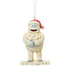 Front view of Jim Shore Bumble ornament, smiling with a bundle of snowballs, wearing a Santa hat, standing on a snowflake base.