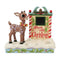 Front view of Jim Shore Rudolph Christmas countdown figurine, featuring 'Days Until Christmas' text, holly designs, pinecone topper, and glittery snow base.