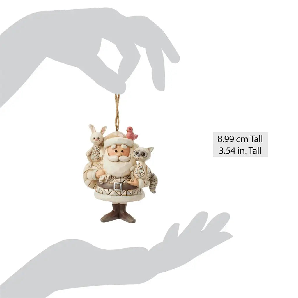 Jim Shore cream and brown Santa ornament measuring 3.54 inches tall, holding woodland animals with red bird on hat, shown against size guide with gray hand silhouette.