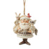 Front view of Jim Shore cream Santa ornament with geometric patterned coat, holding bunny and raccoon, red bird on hat, sack on back, set against plain white background.