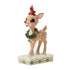 Christmas reindeer figurine with a cardinal on its head, wearing a wreath, on a white background.