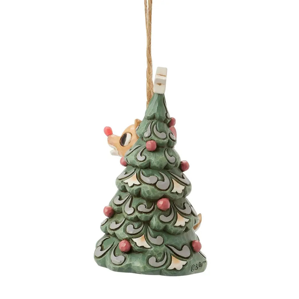 Back view of Jim Shore woodland Rudolph ornament showing reindeer tail and Christmas tree design.